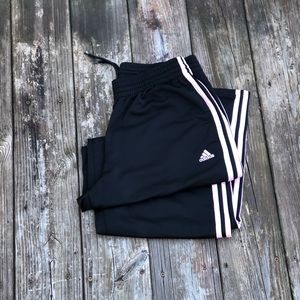 🎀 Adidas Black Track Pants with Pink Stripe Sz: L